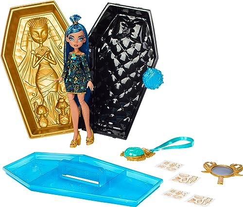 Monster High Puppe & Zubehör, Cleo De Nile Golden Glam Case Beauty Kit mit Tattoos, Aufklebern & Halskette für Kinder