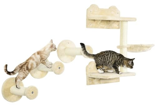 PawHut Kletterwand Katzen 4-teilig Katzen Kletterwand Set mit Sprungturm, 3 Kratzbäume, Kratzbaum mit Hängematte, Wandkratzbaum, Wand Katzenmöbel bis zu 5 kg, Beige+Cremeweiß