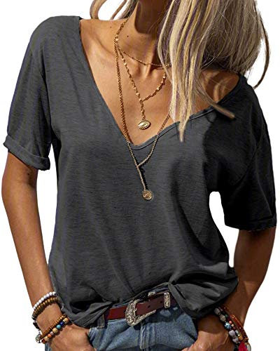 Tankaneo Damen Mode tief V-Ausschnitt Kurze Ärmel Tops Solide Lässig Lose Basic T Shirt Schwarz S