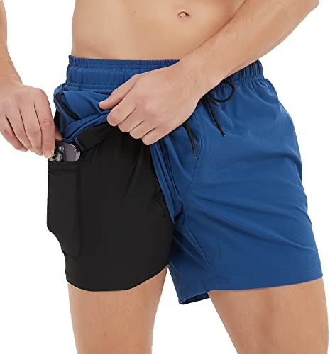 Arcweg Herren Badehose mit Kompression Badeshorts 2 in 1 Schnelltrocknend Schwimmhose 5.5 Badeshorts mit Innenhose Reißverschlusstasche Badehose S - XXL Schwarz + Marineblau S(EU)