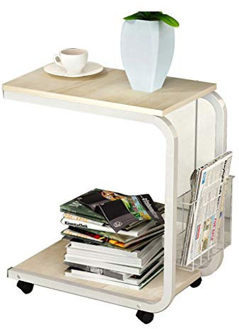 ACiyD Mobiler Beistelltisch, Couchtisch, Sofatisch, C-Form, Snacks, Beistelltisch, Teetisch, Nachttisch mit Seitenkorb, abnehmbare Räder für Kaffee-Snack-Tablet (weißer Rahmen + Ahorn-Kirschholz)