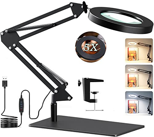5X Magnifying LED Desk Lamp with Base & Clamp,Dimmable Magnifying Glass,3 Color Modes,10 Adjustable Brightness 2-in-1Magnifying Glass with Light and Stand,Adjustable Swivel Arm Lamp Craft Light