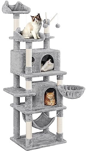 Yaheetech Rascador para Gatos Mascotas con Hamaca Plataforma Cueva Bolas de Juego Canasta 55.5x45.5x170 cm Gris Claro