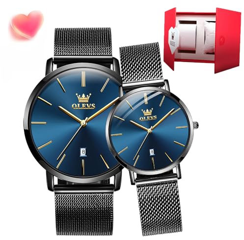OLEVS Paar Paar Quarz-Uhren, leuchtender Kalender, Datumsfenster, 3 ATM wasserdicht, lässig, Edelstahl, für Sie und Ihn, Armbanduhr für Männer, Frauen, Liebhaber, Hochzeit, romantisch, G5869-schwarz