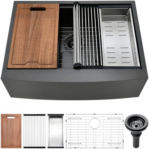 VAWSS Fregadero de cocina de granja de 33 pulgadas, estación de trabajo, negro, 33 x 22 pulgadas, fregadero de granja, delantal, estación de trabajo, color negro plomizo, calibre 16, fregaderos de