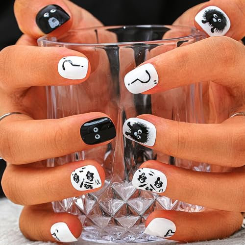 Sethexy Cute White Handmade Fake Nail Short Square False Nails Acrylic Glossy Press on Nail Salon Durable Quality Nails for Women and Girls 10PCS (Q)