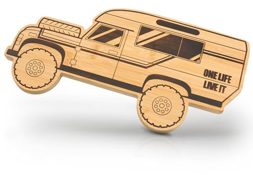 Fluffy Dreams Schneidebrett Frühstücksbrett Camper Vanlife Bambus-Schneidbrett Holzbrett Retro-Geländewagen-Form 4x4 Offroad-Schneidebrett Outdoor-Freizeit Abenteuer Geschenk, Größe ca. 32x16cm