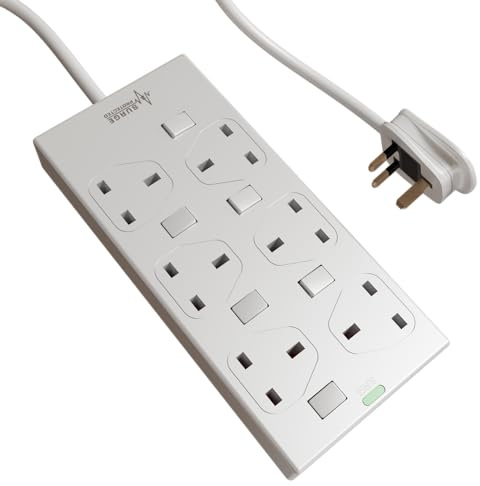 rhinocables 6 Gang Individually Switched Mains Extension Lead Cable, Surge Protected Power Strip Extender with 6 Sockets and Cord, 13 Amp Trailing Socket for Dual 3 Pin UK Plug (White, 1m)