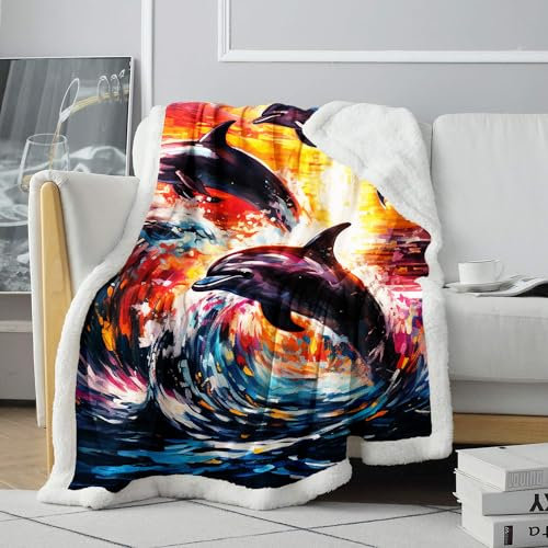 CHTLIFQ Sherpa Decken, Art Dolphin, 3D Bettwäsche, Couch, Sofa, bequem, weich, für Sofa, Bett, Sherpa Decke, Ganzjahres Überwurf, Decken für Kinderbett oder Couch, 150 x 200 cm, Sherpa