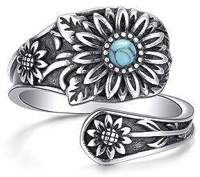 Flyow Gänseblümchen Löffel Ring für Damen – Sterling Silber Vintage Oxidierte Daumen Ringe Viktorianischer Türkis Schmuck – Boho Einstellbare Offene Statement Ringe Schmuck Geschenke (54 (17.3))