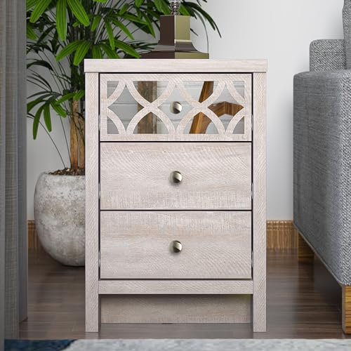 Galano Ilse Nachttisch mit Schublade - Moderner Nachtschrank mit Verspiegelten – Platzsparend Beistelltisch - Organizer Konsole - 39.8T x 39.5B x 59.0Hcm - Staubgraue Eiche