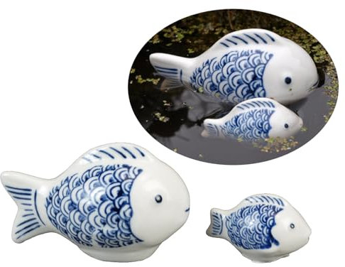 Generisch 2er Set Teichfiguren Fische Fisch Porzellan Schwimmtiere Gartendeko Größe 6cm und 11cm (A)