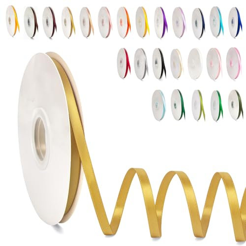 0.6CM Schleifenband Reiches Gold, 6mm x 91m Polyester Satinband Dekoration Geschenkband Stoffband Seidenbänder für Heimwerkerkunst DIY-Handwerk, Geschenk Verpackung, Schleifen, Hochzeitsdekoration