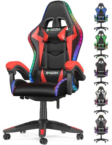 bigzzia Sedia Gaming RGB con Luci LED E Sedia Ergonomica Per Computer Per Videogiochi Reclinabile con Schienale Alto in Pelle Pu con Poggiatesta (Utilizzo di RGB, Rosso)