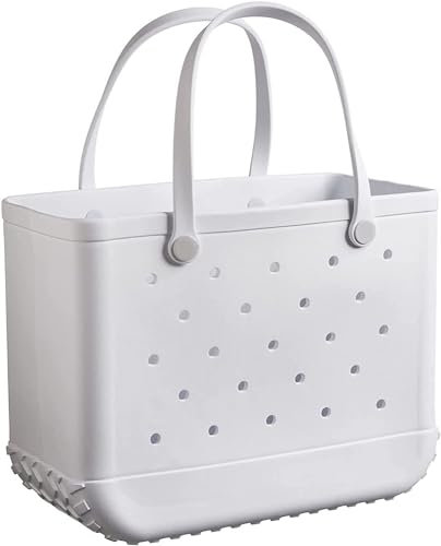 Sac de plage léger en caoutchouc - Grand sac fourre-tout imperméable lavable - Sac fourre-tout ouvert durable pour voyage, camping, plage, sport, bateau, piscine, salle de sport, blanc, L, Minimal