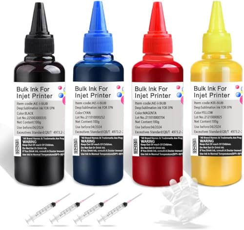 Hallosun Sublimation Refill Ink Bottle 100ml 4pack Compatible with Epson Ecotank ECOTANK ET-2400 ET-15000 ET-2803 ET-2850 ET-2720 ET-2800 ET-2760 ET-4800 ET-2750 Printers (BK/C/M/Y/)