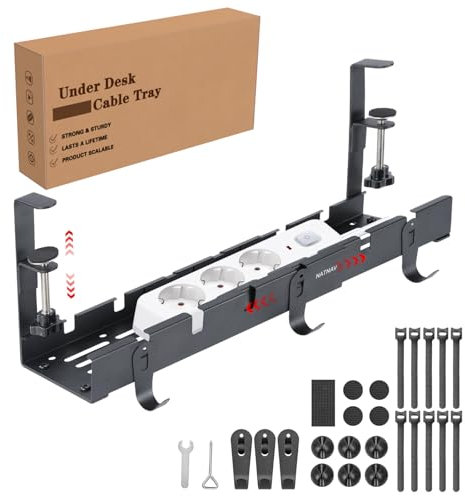 NATNAV Chemins de Câbles sans Perçage, Cable Management Bureau avec Chemin de Câbles Extensible 30,5-55 cm, Goulotte Passe Cable pour Une Gestion des Câbles Ordonnée (Noir)