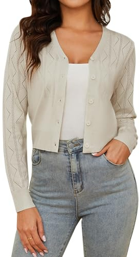 Irevial Cardigan Corto Donna Lavorato a Maglia Maniche Lunghe | Chiusura con bottoni, lavorazione traforata, tessuto leggero, taglio casual, stile elegante, per primavera estate e autunno