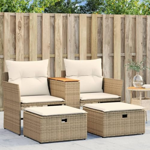 Willood Gartensofa 2-Sitzer mit Hockern Beige Poly Rattan ohne Vordach Outdoor Sofa mit Sonnendach, Terrassensofa mit Hockern, Gartenmöbel Sofagarnitur Gartengarnitur