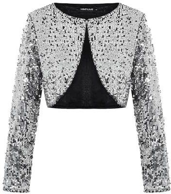 MINTLIMIT Strickbolero Damen Offene Cardigan Langarm Bolero Elegant Haken Pailletten Metallic (Silberfarben S)