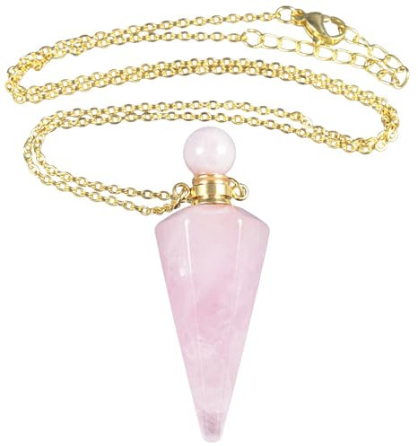 KYEYGWO Perfume Bottle Necklace Essential Oil Diffuser Pendant Men Women Jewellery Necklace Crystal Stone Amulet Crystal Point Gemstone Pendant, Rose Quartz