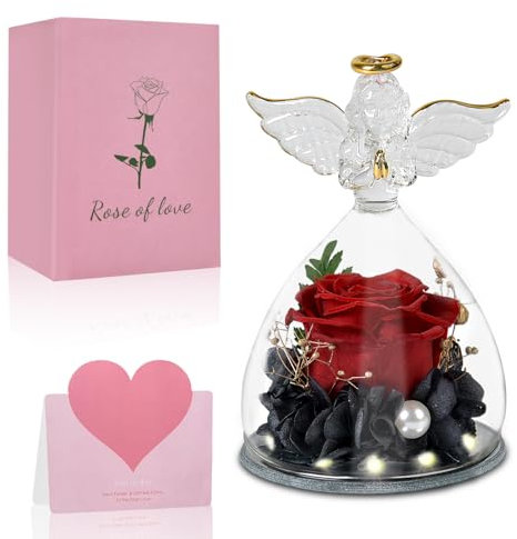 Focenat Cadeau Femme Anniversaire, Ange Gardien Figurine avec Rose Eternelle, Fleur Eternelle avec LED Lumière Lampe,Cadeau pour Maman, Femme, Cadeau Fete des Meres