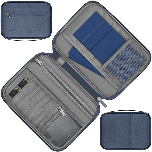 MyGadget Reisepass Organizer [ Platz für 5 Personen Familie ] - Reisepasshülle mit zusätzlichen Platz für Dokumente | EC - Karten | SIM | Schlüssel in Dunkel Blau