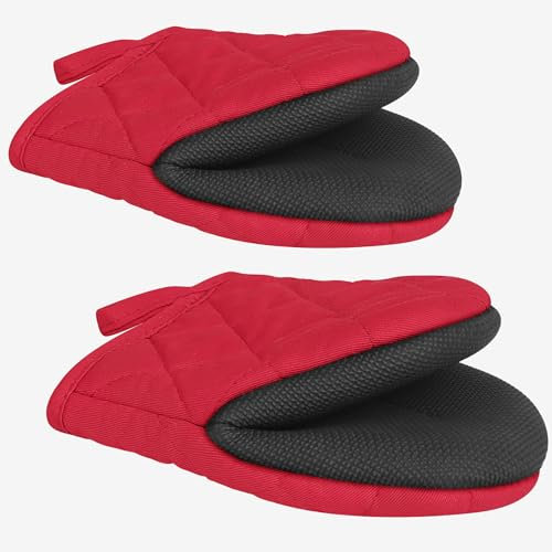 1 Pair Short Oven Mitts, Silicone Heat Resistant Kitchen Mini Oven Mitts High Heat Resistant 500℉, Non-Slip Grip Surfaces and Hanging Loop Gloves for BBQ, Baking, Cooking and Grilling (Red)
