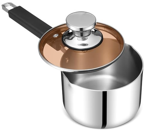 Herogo Stainless Stielkasserolle 18cm, Dreifach-Edelstahl- Milchtopf mit Glasdeckel, kleiner Kochtopf mit Ausgießer, Mehrzweck-Kochgeschirr für Keramik/Elektro/Induktion, Spülmaschinenfest