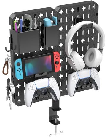 KDD 7 in 1 Schreibtisch Pegboard - Kein Bohren Stecktafel zum Klemmen mit Handyhalter/Stifthalter/Headset- und Controllerhalter/Haken, Abnehmbar Lochplatte für Werkstatt, Gaming, Büro Lochwand Zubehör