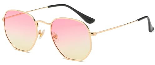 RUNHUIS Lunettes de soleil rétro polygone pour homme et femme - Lunettes carrées tendance - Cadre en métal ultra léger, Or/rose/jaune