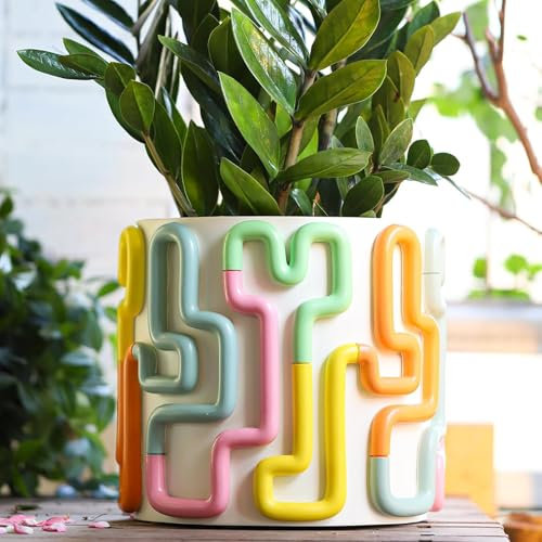 AmiCera Large Stripe Flower Pots 20 cm, Cute Unique Planters with Drainage, Boho Modern Plant Pot for Indoor Plants, Eclectic Succulent Garden Planter for Room Decor, Funny Planting Pottery Gifts
