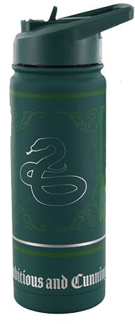 Licensed Harry Potter Slytherin 'Double Stainless Steel 304' Water Bottle with Embossed Logo in Silver, Ambitious & Cunning in Silver, Capacity 530ml (18oz), 16 Hours hot Storage and 12 Hours Cold