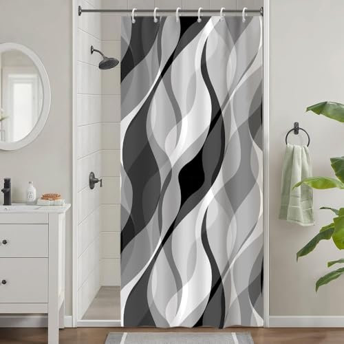 Rideau Douche Étroit, Uiiooazy Rideau de Douche Cabine Anti Moisissure Gris Abstrait Rayure Rayé Rideaux de Baignoire Tissu Imperméable Polyester Lavable Rideaux Salle de Bain avec 6 Crochets 90x180cm