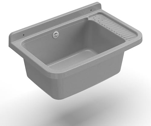 Adventa Bañera de Resina de Polipropileno, fijación a la Pared, con sifón y desagüe, Resistente a los ácidos de Uso común, lavadero, Garaje, Exterior, Gris Cemento, 60L x 40P x 25H cm