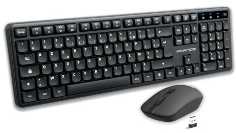 AD ADVANCE - SilentKeys, Pack Clavier Souris sans Fil Silencieux pour PC et Mac, Clavier AZERTY 105 Touches, 12 Raccourcis Multimédias, Hauteur Réglable, Souris 1600 DPI, Dongle USB, Noir