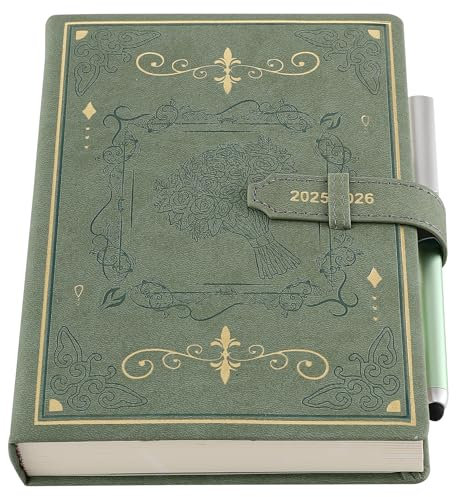 Akademischer Kalender 2025–2026, A5, Tag pro Seite, 13 Monate Tages- und Monatsplaner vom 25. August – 26. August, Agenda Dairy A5 Seite pro Tag, mit elegantem Einband, Stift, Innentasche (Grün)