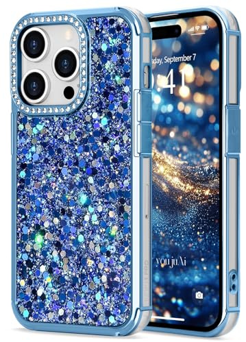 ROSEHUI Glitter Sequin Bling Phone Case for iPhone 14 Pro, Blue | Cute with Rhinestone Diamonds, TPU Shockproof Protective Cover, Clear TPU Bumper, Luxury Slim, Fashion for Women Girls