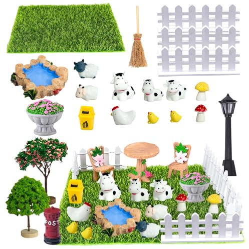 Ftrule 25 Stück Miniatur Garten Zubehör, Puppenhaus Zubehör Garten, Mini Garten Möbel Deko Set, Mini Garten Dekoration Set, mit Kunstrasen, Tiere, Baum, Zaun, für DIY Puppenhaus, Feegarten