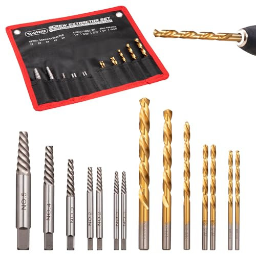 Toolwiz Lot de 14 extracteurs de vis Easy Out avec sac en toile, jeu d'embouts de forage à gauche et kit extracteur de boulons cassés pour enlever les vis, boulons, écrous