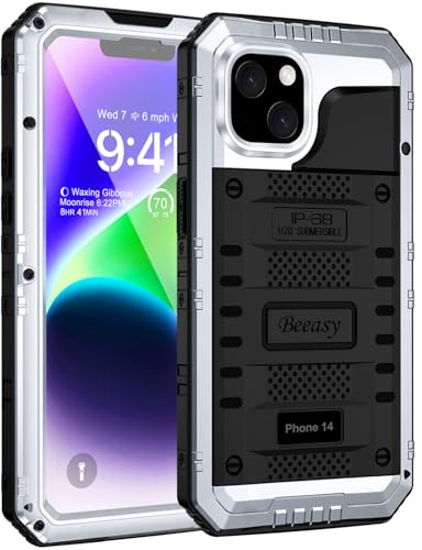 Beeasy für iPhone 14 Wasserdicht Outdoor Hülle, Metall Stoßfest Panzerhülle Militär 360 Grad Schutzhülle mit Displayschutz, Robust Heavy Duty Handyhülle iPhone 14 Case 6,1, Silber