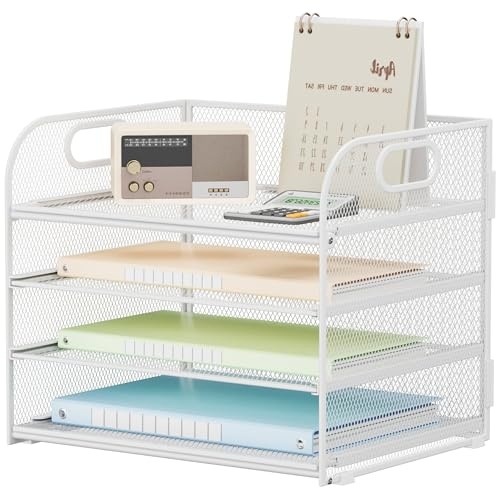 VITVITI Schreibtisch Organizer, 4 Ebenen Briefablage, Stapelbare Aktenhalter, Ablagefächer mit Griff, Bürobedarf für A4 Dokumentenablag, Papier, Buch, Magazin (Weiß)