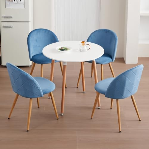 JZGORC Esszimmer-Essgruppe, Tisch und Stühle, Esstisch mit 4 Stühlen, 80 x 80 x 75 cm, Runder Esstisch aus Holz, 4 Stühle mit Hoher Rückenlehne aus Samt, Blau + Weiß