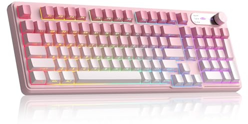 MageGee GK960 Wireless Gaming Keyboard, RGB Tri-Mode Wired/BT/2.4G Creamy Keyboard with Number Pad, 4000mAh Battery, Knob Control, Side Printed Keycaps, 19-Key Anti-Ghosting for Win/Mac (Pink & White)
