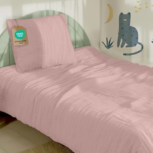 Dreamzie Kinderbettwäsche 135x200 cm + Kissenbezug 80x80 - Musselin Bettwäsche aus 100% Baumwolle, Oeko-TEX Zertifiziert, atmungsaktiv & hautfreundlich - Rosa