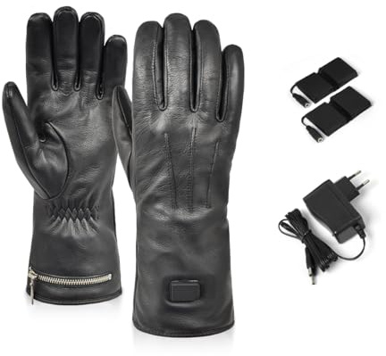 XOLARHEAT Klassische beheizte Handschuhe, 100% Ziegenleder, weiches Futter – 2 Heizstufen (4 h/2,5 h) – wiederaufladbare Batterien (7,4 V), Doppelladegerät