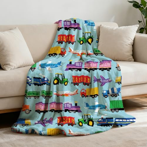 GLOBLELAND Flanelldecke Mit Autos Zügen Flugzeugen Und Lastwagen 59x51 Zoll Fahrzeug Blau Waschbar Flauschige Überwurfdecke Für Couch Stuhl Sofa Bett Schlafsaal Schlafzimmer Zuhause