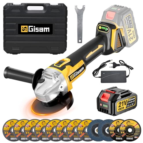 Gisam Akku Winkelschleifer 125mm, Bürstenloser Motor, 4 Drehzahlstufen, 10000 U/min für 18V Makita Akkus, Flex Winkelschleifer mit 4.0Ah Akku und 12 Zubehörteile für Trennen und Schleifen