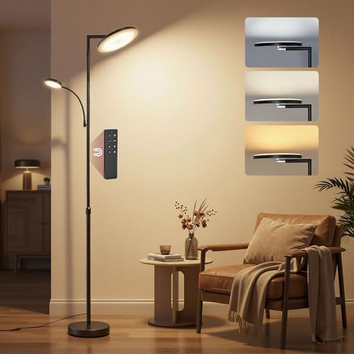 VASAGLE Stehlampe 42W, Deckenfluter Led Dimmbar, drehbarer Lampenkopf | Standleuchte Wohnzimmer, Leselampe, Timer, Tasten- und Fernbedienung, Schlafzimmer, mattschwarz, LUSIA Kollektion LFL028BD02