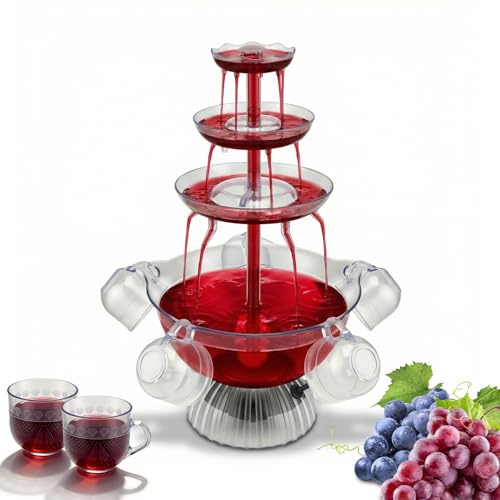 Fontana per feste di vino e cocktail a 3 livelli trasparenti con 5 bicchieri riutilizzabili e base LED luminosa, 3L per feste, matrimoni, compleanni, bar, giochi da bere